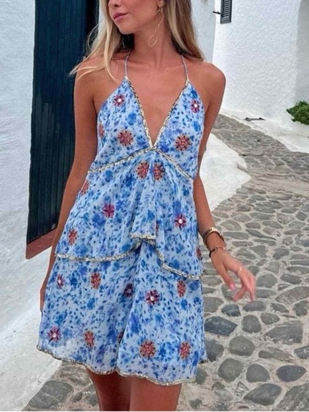 Zara Light Blue Floral Tiered Spaghetti-Strap Mini Dress